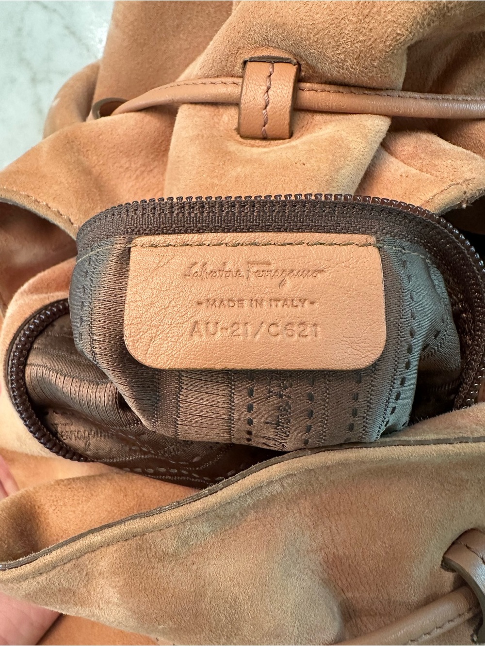 Salvatore Ferragamo Suede Drawstring Bucket Bag - Tan/Peach - Picture 2 of 8